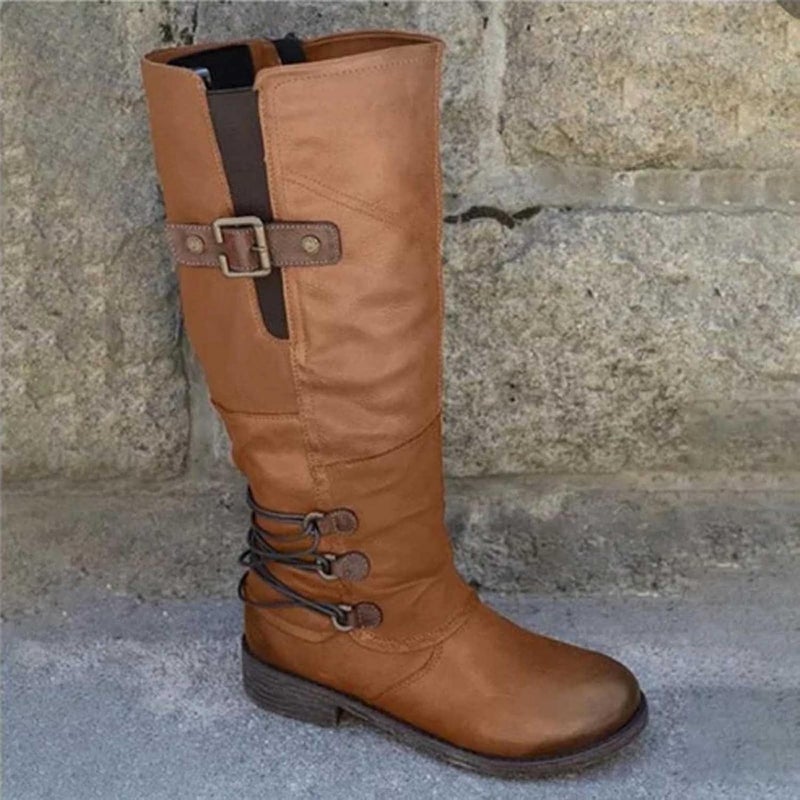 woobles Women's Vintage Leather Zipper High Snow Boots, Fashion Large Size Boots Women Autumn Long Tube Zipper Low Heeled Shoes Boots Pointed Boots Knight Boots - Image 3